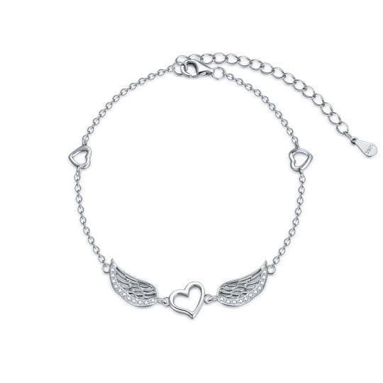 Sterling Silver Circular Shaped Cubic Zirconia Angel Wing & Heart Pendant Bracelet