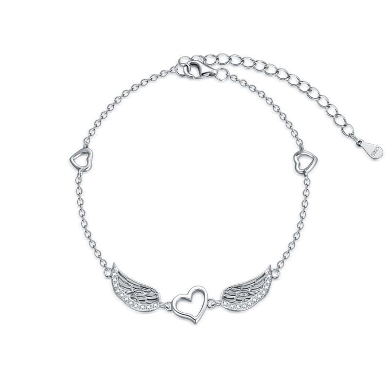 Sterling Silver Circular Shaped Cubic Zirconia Angel Wing & Heart Charm Bracelet-1