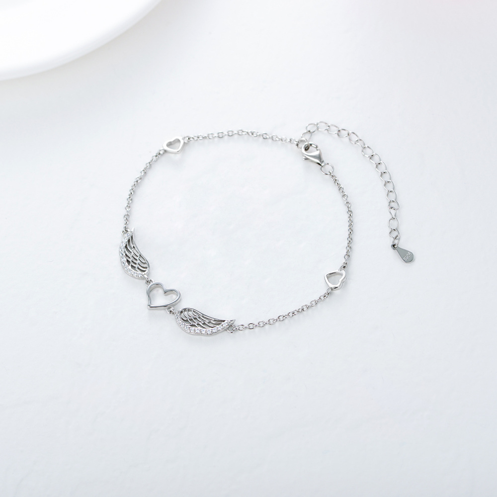 Bracciale circolare in argento sterling con ciondolo a forma di ala di angelo e cuore in zirconia cubica-3