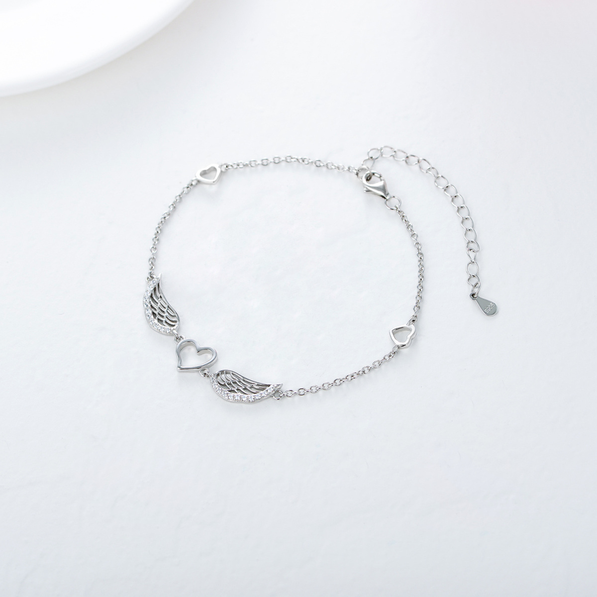 Pulsera de plata de ley con forma circular de circonita con colgante de ala de ángel y cor-3