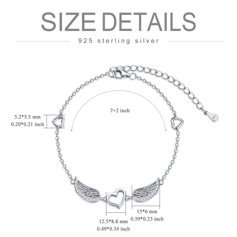 Bracciale circolare in argento sterling con ciondolo a forma di ala di angelo e cuore in zirconia cubica-5