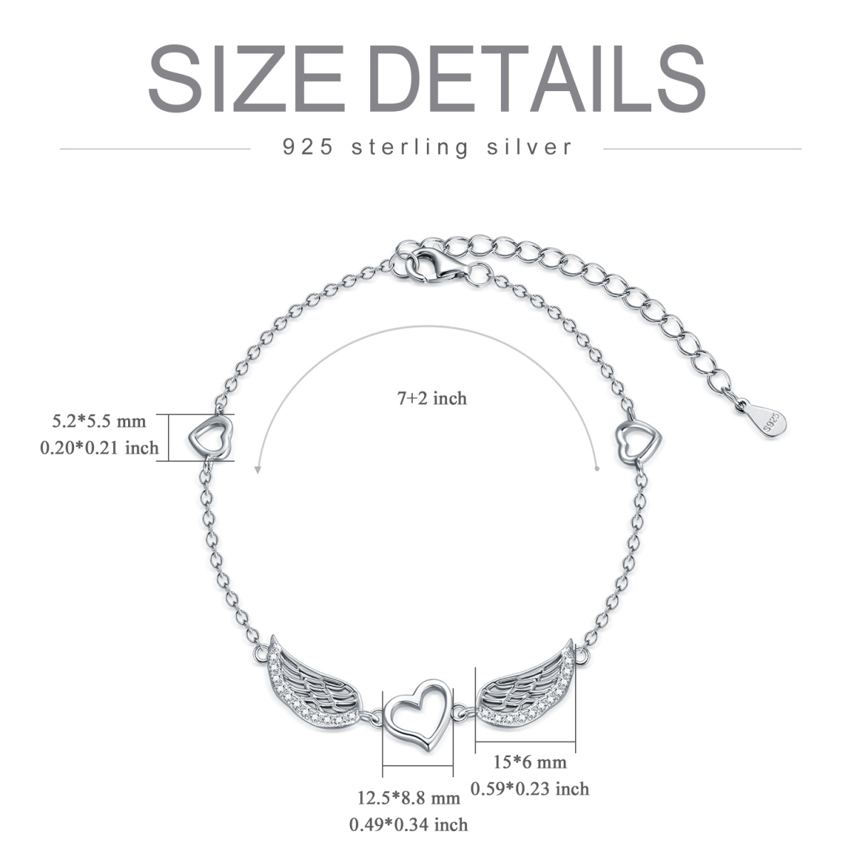 Sterling Silber kreisförmig Cubic Zirkonia Engelsflügel & Herz Anhänger Armband-5