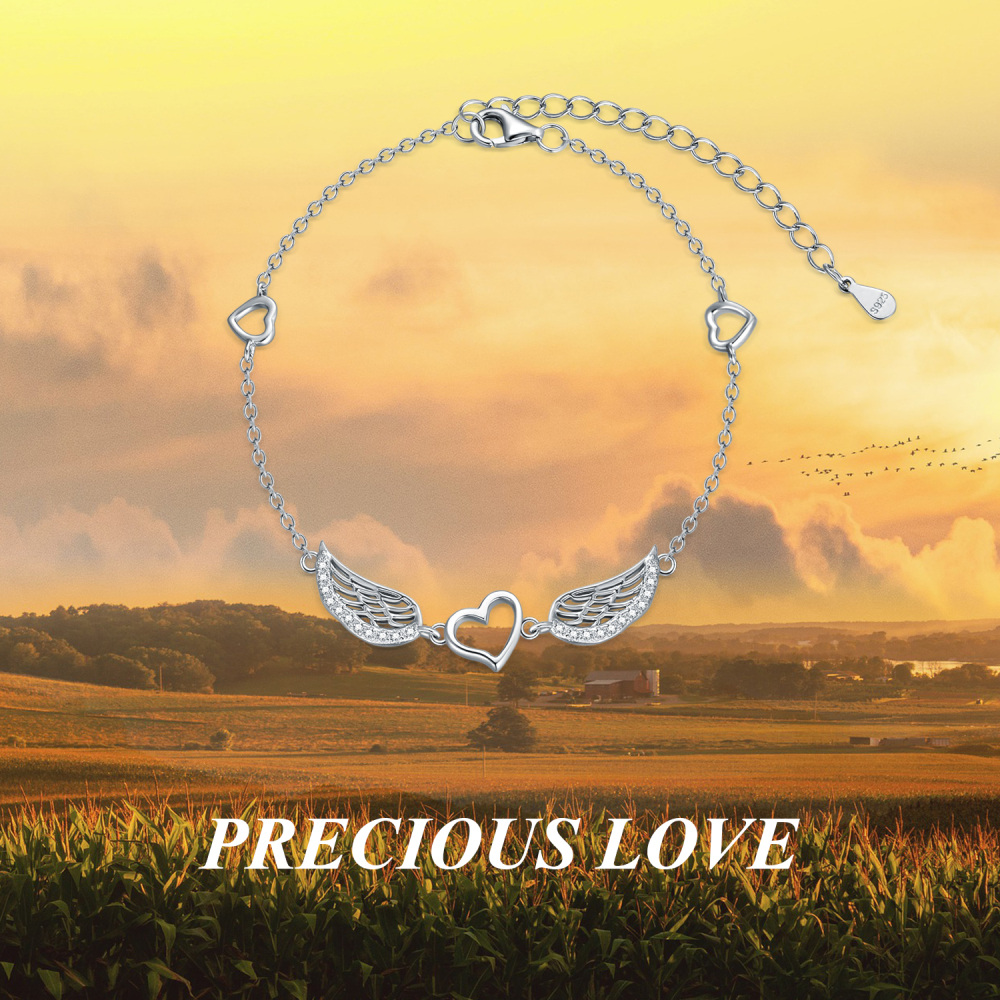 Bracciale circolare in argento sterling con ciondolo a forma di ala di angelo e cuore in zirconia cubica-6
