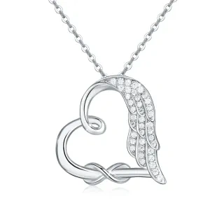 Sterling Silver Circular Shaped Cubic Zirconia Angel Wing & Heart Pendant Necklace-1