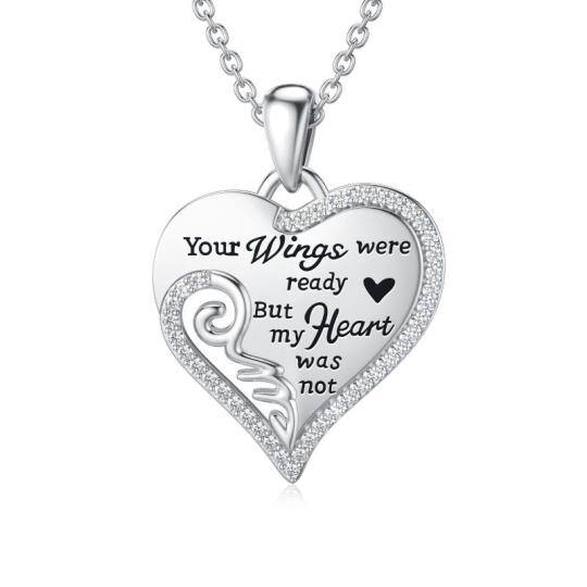 Sterling Silver Circular Shaped Angel Wing & Heart Pendant Necklace with Engraved Word