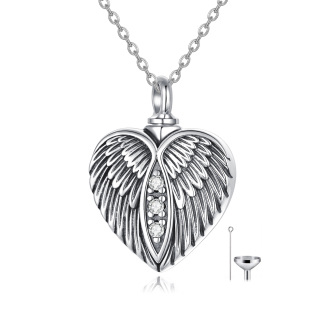 Sterling Silver Circular Shaped Cubic Zirconia Angel Wing & Heart Urn Necklace for Ashes with Engraved Word-41