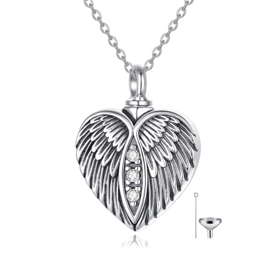 Sterling Silver Circular Shaped Cubic Zirconia Angel Wing & Heart Urn Necklace for Ashes with Engraved Word