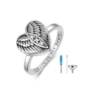 Sterling Silver Circular Shaped Cubic Zirconia Angel Wing & Heart Urn Ring with Engraved Word-60