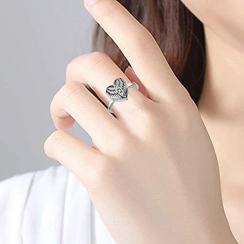 Bague en argent sterling en forme d'aile d'ange et de coeur en zircon cubique avec mot gra-2