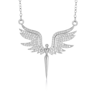 Sterling Silver Circular Shaped Cubic Zirconia Angel Wing Pendant Necklace-5