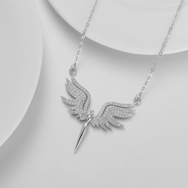 Sterling Silver Circular Shaped Cubic Zirconia Angel Wing Pendant Necklace-3