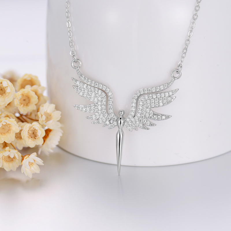 Sterling Silver Circular Shaped Cubic Zirconia Angel Wing Pendant Necklace-4