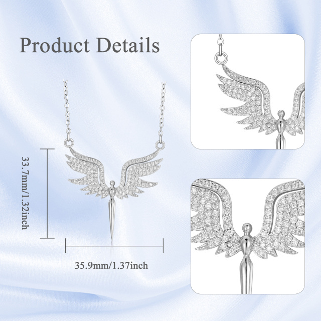 Sterling Silver Circular Shaped Cubic Zirconia Angel Wing Pendant Necklace-5