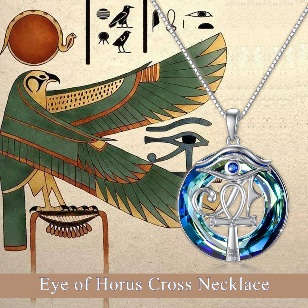 Sterling Silver Circular Shaped Ankh & Eye Of Horus Crystal Pendant Necklace-6