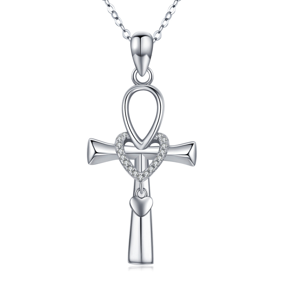 Halskette mit Ankh-Herz-Anhänger aus Sterlingsilber, kreisförmig, Zirkonia-1