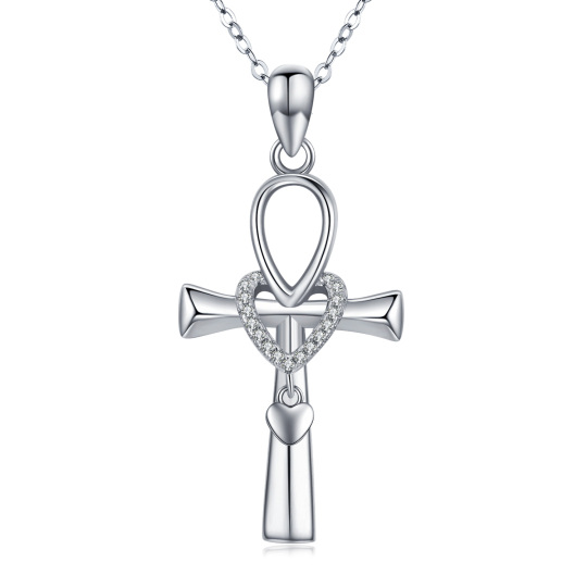 Collier avec pendentif en forme de cœur Ankh en argent sterling et oxyde de zirconium de forme circulaire