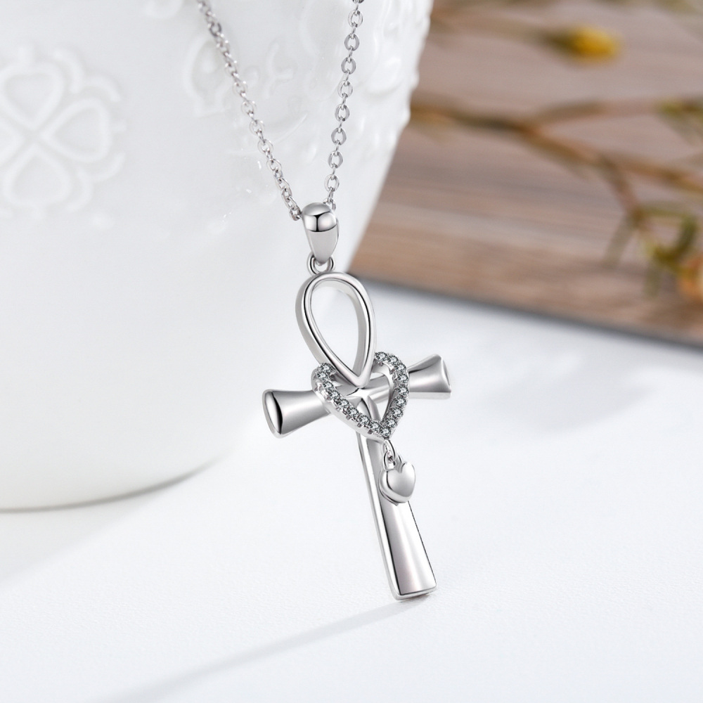 Halskette mit Ankh-Herz-Anhänger aus Sterlingsilber, kreisförmig, Zirkonia-3