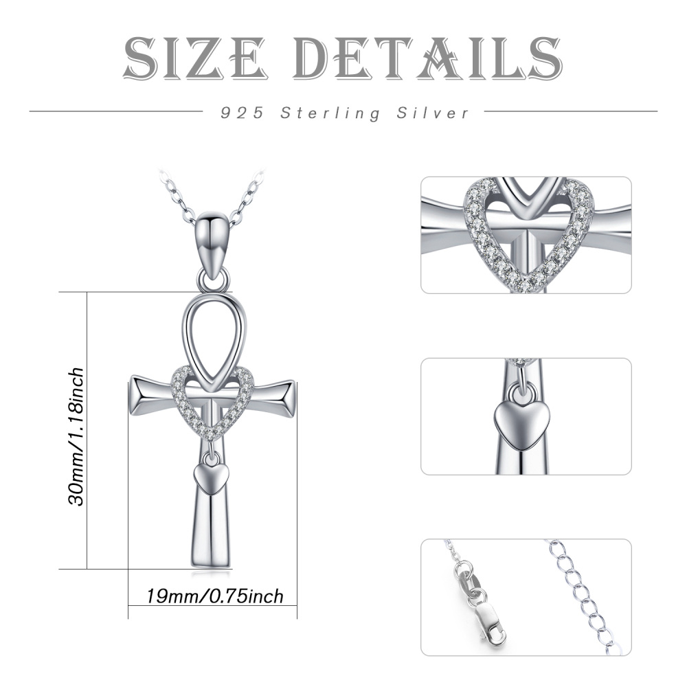 Halskette mit Ankh-Herz-Anhänger aus Sterlingsilber, kreisförmig, Zirkonia-4
