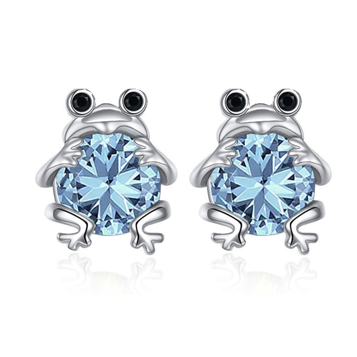 Sterling Silver Circular Shaped Aquamarine Frog Stud Earrings-1