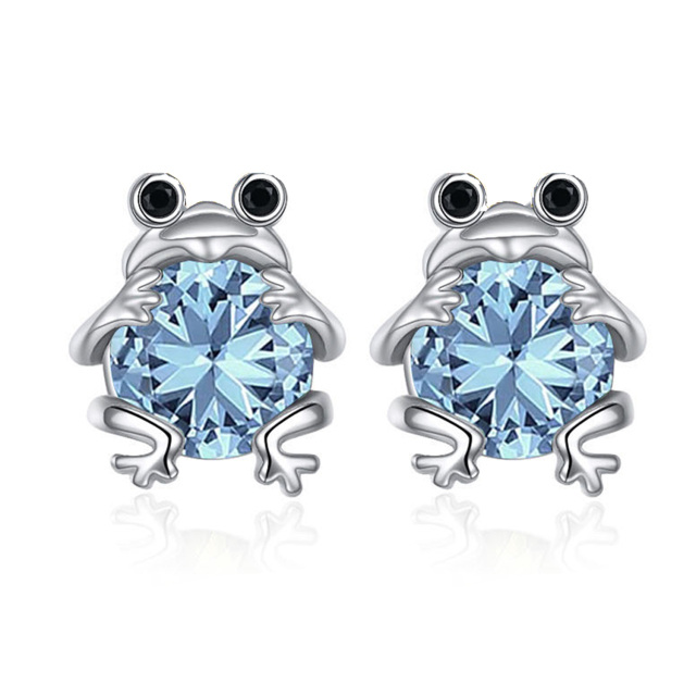 Sterling Silver Circular Shaped Aquamarine Frog Stud Earrings-1