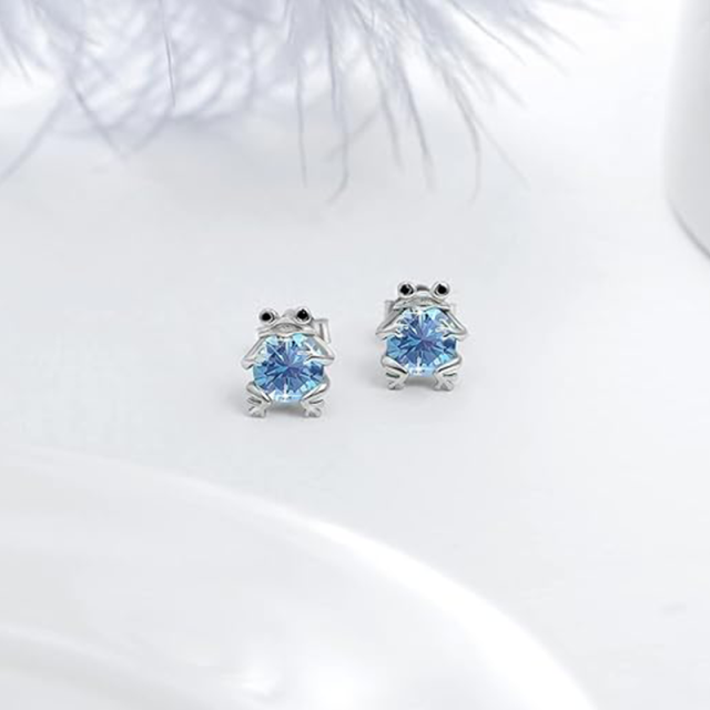 Sterling Silver Circular Shaped Aquamarine Frog Stud Earrings-3