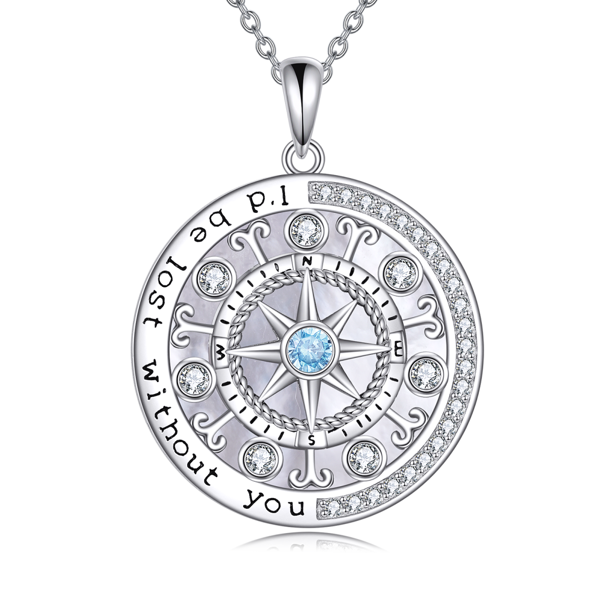 Halskette mit Kompass-Anhänger aus Sterlingsilber mit kreisförmigem Zirkonia-1