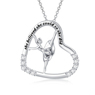 Sterling Silver Circular Shaped Cubic Zirconia Ballet Dancer & Heart Pendant Necklace with Engraved Word-5