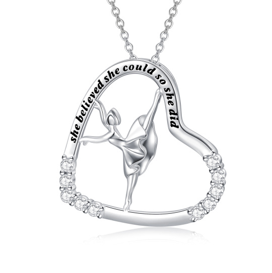 Sterling Silver Circular Shaped Cubic Zirconia Ballet Dancer & Heart Pendant Necklace with Engraved Word