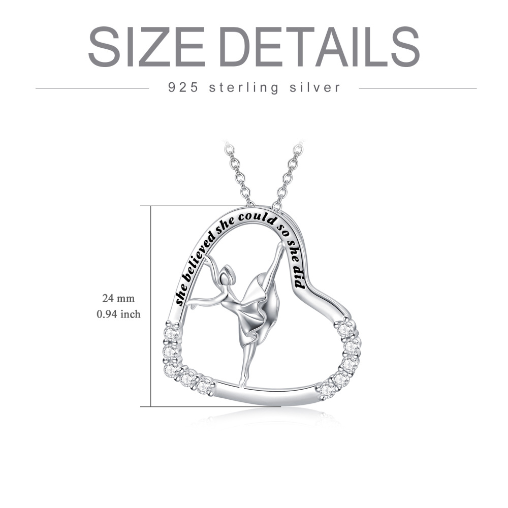 Sterling Silver Circular Shaped Cubic Zirconia Ballet Dancer & Heart Pendant Necklace with Engraved Word-5