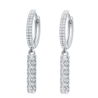 Sterling Silver Circular Shaped Cubic Zirconia Bar Hoop Earrings-3