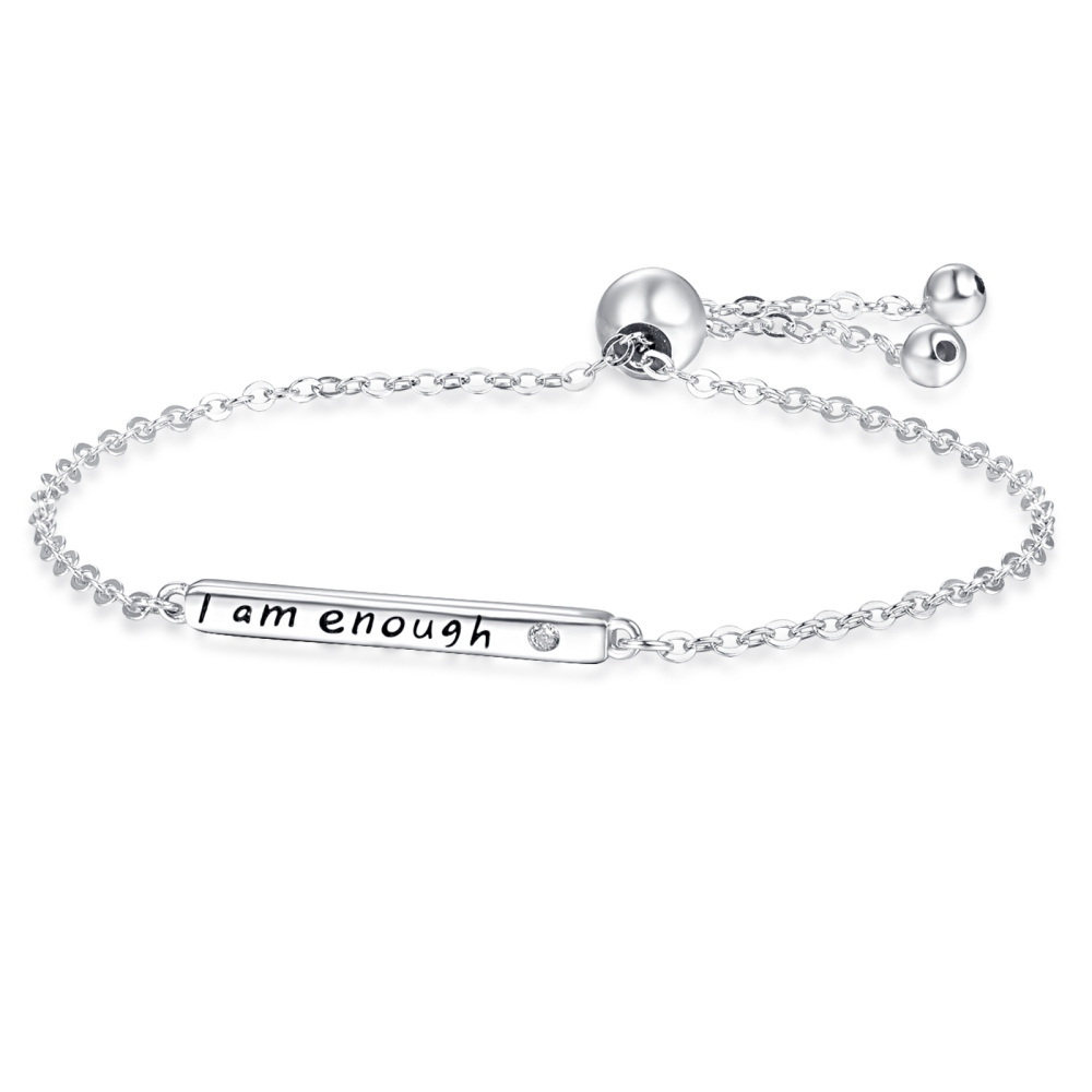 Sterling Silver Circular Shaped Cubic Zirconia Bar Charm Bracelet with Engraved Word-1
