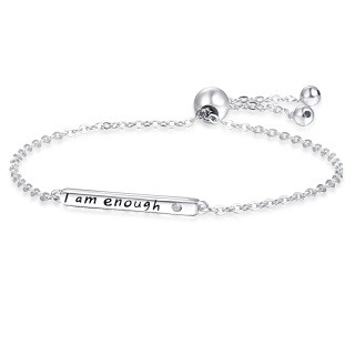 Sterling Silver Circular Shaped Cubic Zirconia Bar Charm Bracelet with Engraved Word-33