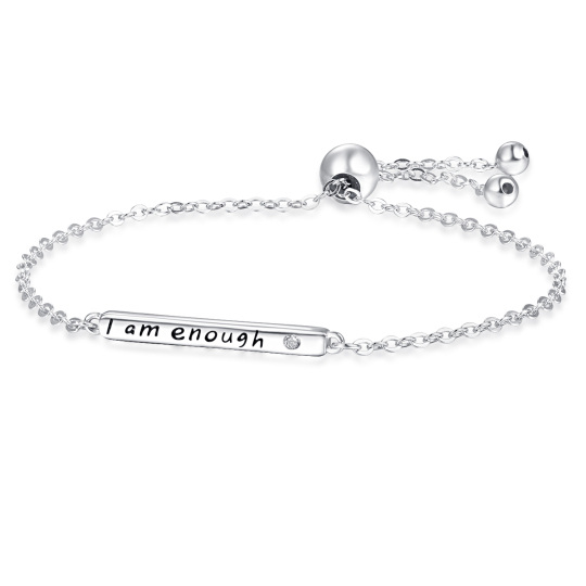 Sterling Silver Circular Shaped Cubic Zirconia Bar Pendant Bracelet with Engraved Word