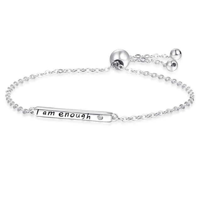 Sterling Silver Circular Shaped Cubic Zirconia Bar Pendant Bracelet with Engraved Word-4