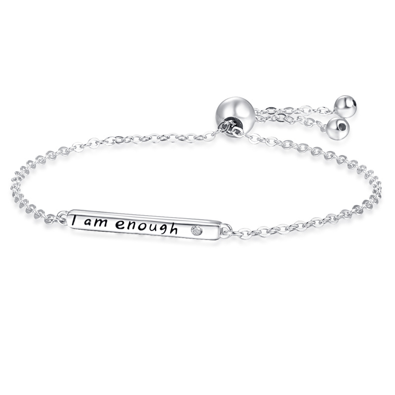 Sterling Silver Circular Shaped Cubic Zirconia Bar Charm Bracelet with Engraved Word-15