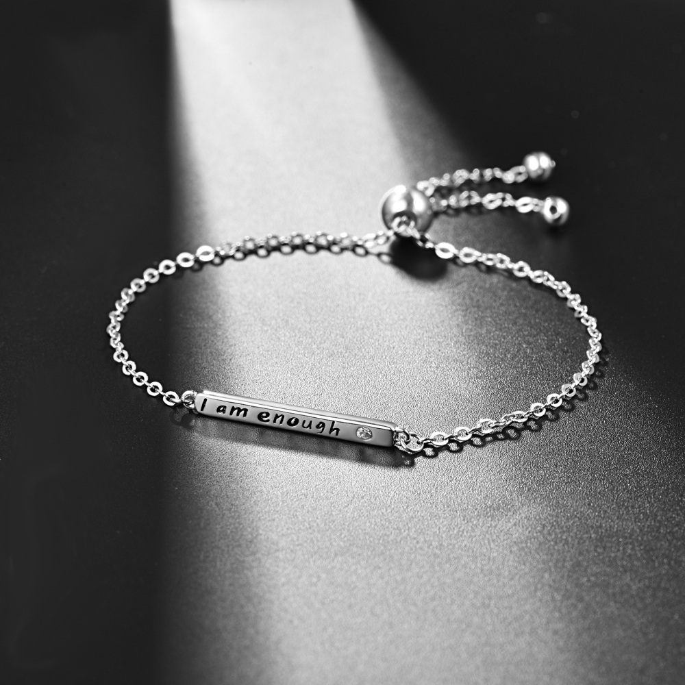 Sterling Silver Circular Shaped Cubic Zirconia Bar Charm Bracelet with Engraved Word-2