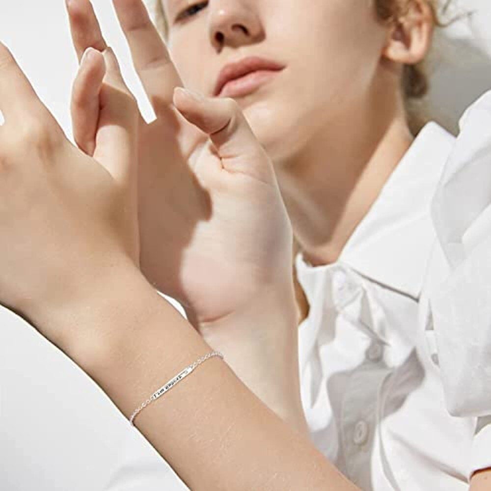 Sterling Silver Circular Shaped Cubic Zirconia Bar Charm Bracelet with Engraved Word-3