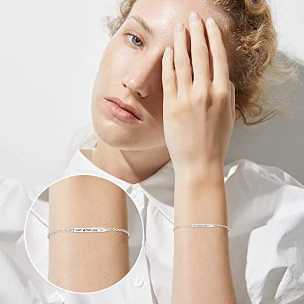 Sterling Silver Circular Shaped Cubic Zirconia Bar Charm Bracelet with Engraved Word-4