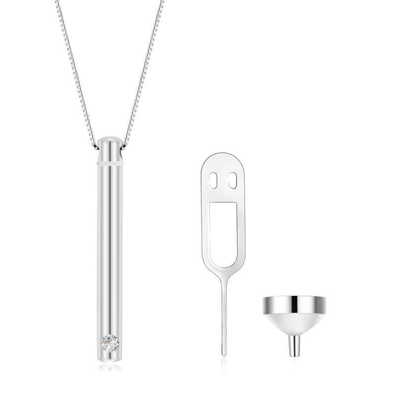 Sterling Silver Circular Shaped Cubic Zirconia Bar Urn Necklace for Ashes-17