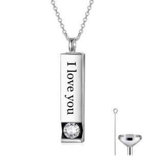 Sterling Silver Circular Shaped Cubic Zirconia Bar Urn Necklace for Ashes with Engraved Word-51