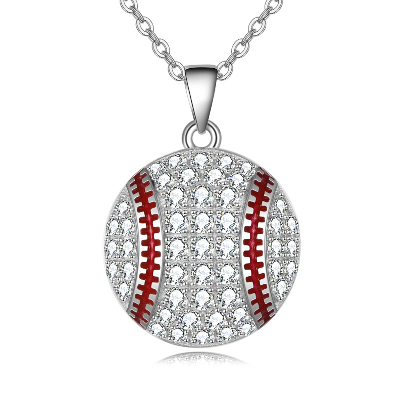 Sterling Silver Circular Shaped Cubic Zirconia Baseball Pendant Necklace-5
