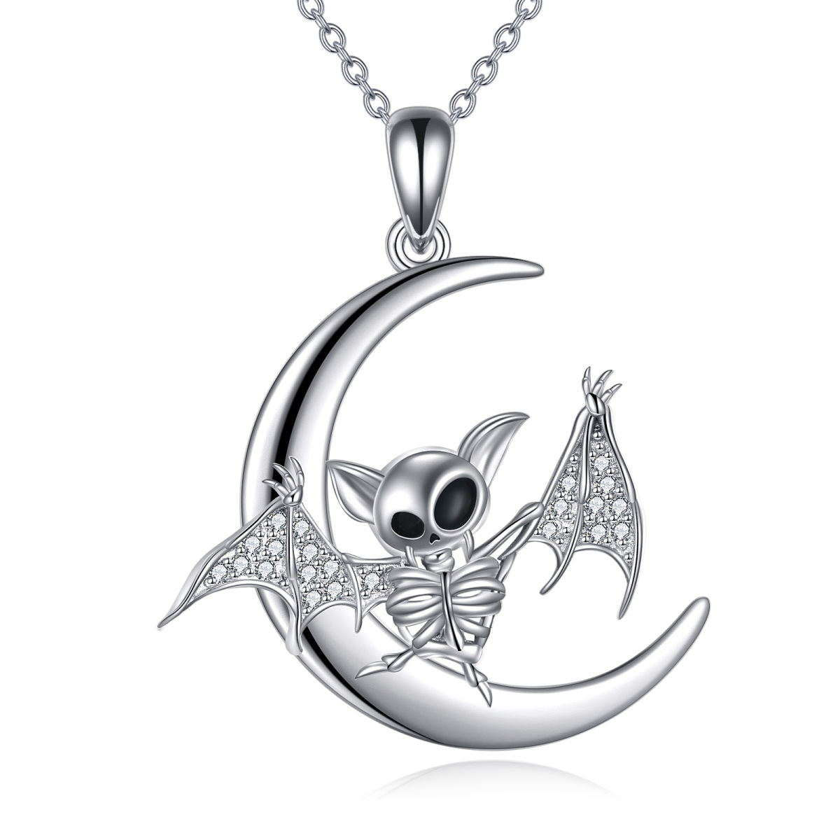 Sterling Silver Circular Shaped Cubic Zirconia Bat & Skeleton Pendant Necklace-1