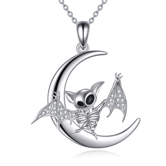 Sterling Silver Circular Shaped Cubic Zirconia Bat & Skeleton Pendant Necklace