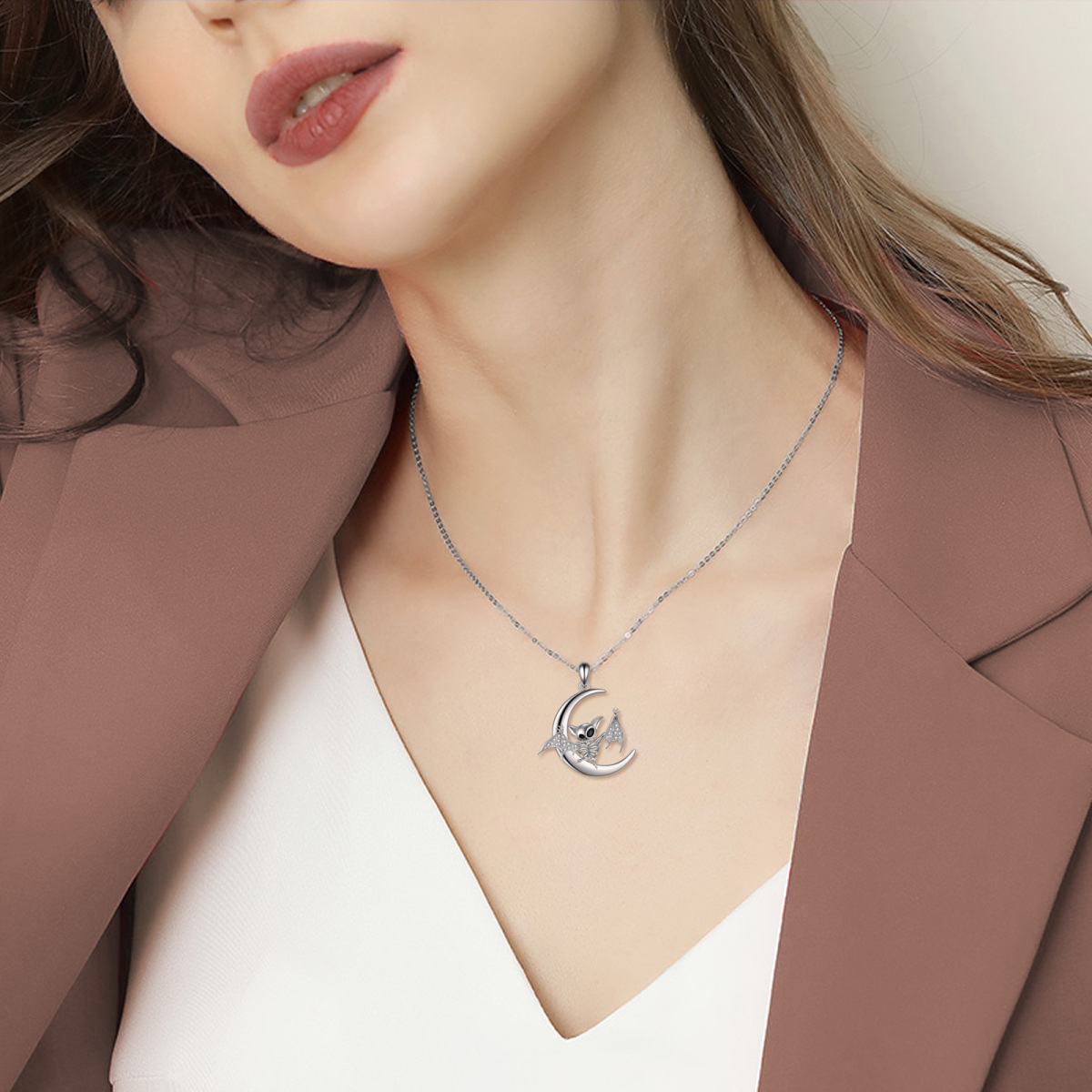 Collana con ciondolo a forma di pipistrello e scheletro in argento sterling a forma di cer-2