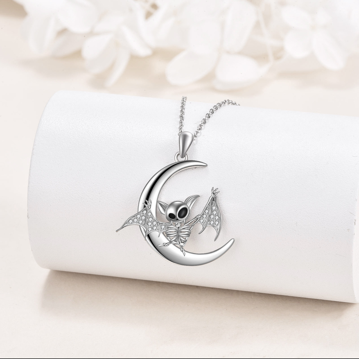 Collana con ciondolo a forma di pipistrello e scheletro in argento sterling a forma di cer-3