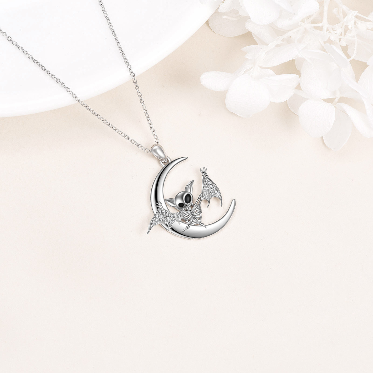 Sterling Silver Circular Shaped Cubic Zirconia Bat & Skeleton Pendant Necklace-4