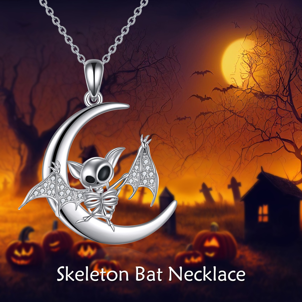 Sterling Silver Circular Shaped Cubic Zirconia Bat & Skeleton Pendant Necklace-6