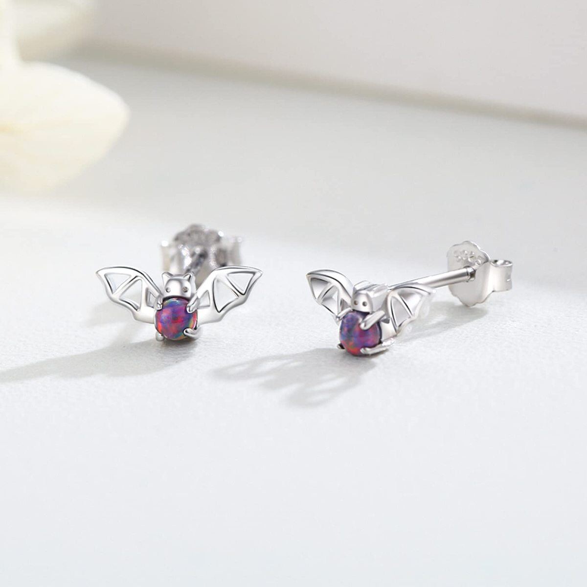 Sterling Silver Circular Shaped Cubic Zirconia Bat Stud Earrings-3