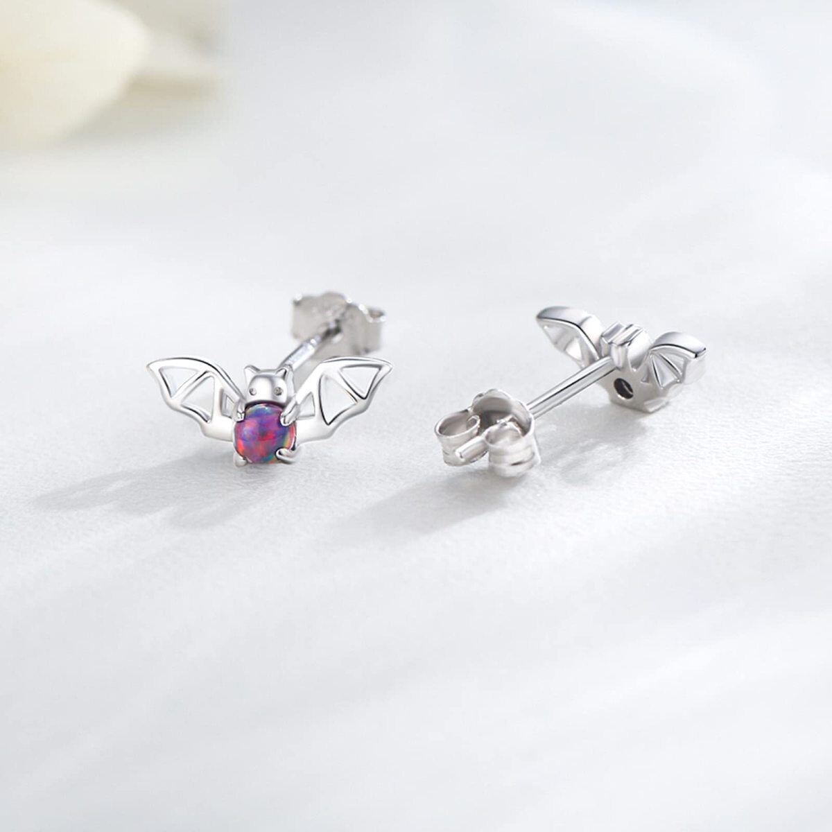 Sterling Silver Circular Shaped Cubic Zirconia Bat Stud Earrings-4