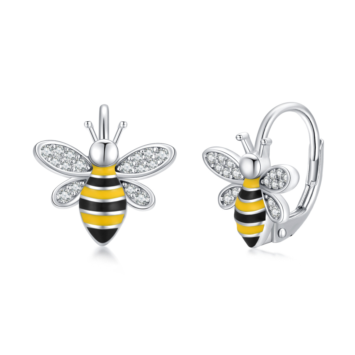 Pendientes de plata de ley con forma circular de circonita cúbica y abeja-1